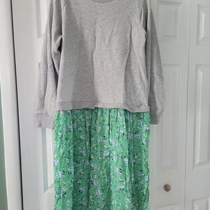 Cotton Traders Grey Sweatshirt Over Green Floral Skirt Dress